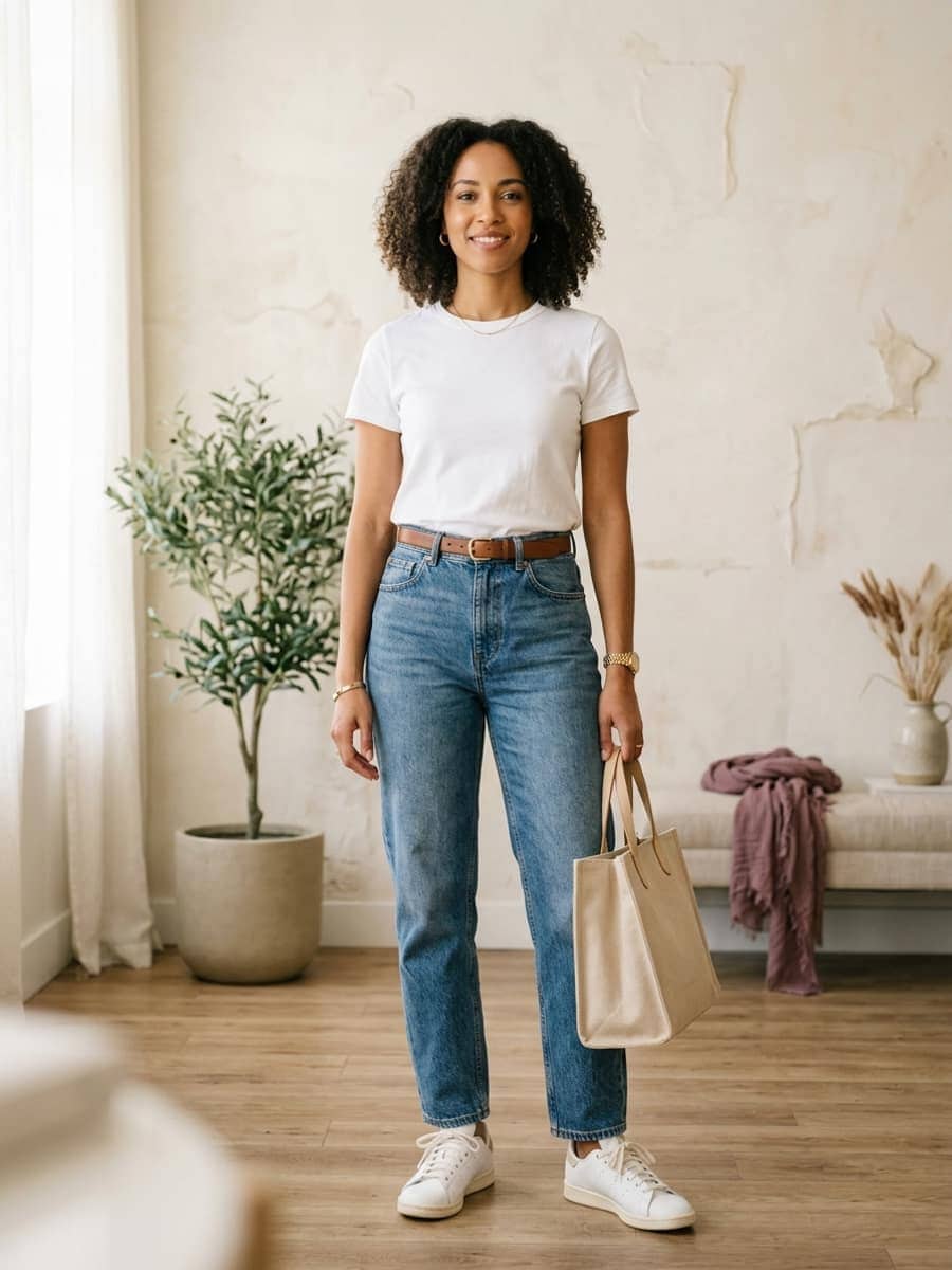 Woman in a crisp white t-shirt, high-waisted blue jeans, white sneakers and a beige tote bag
