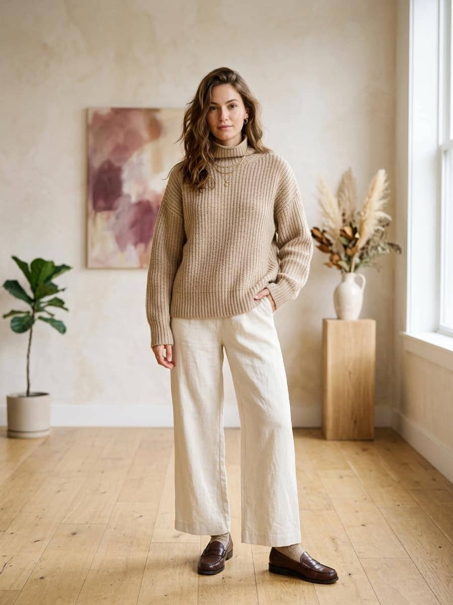 Woman wearing an oversized beige knit sweater with cream wide-leg trousers and loafers