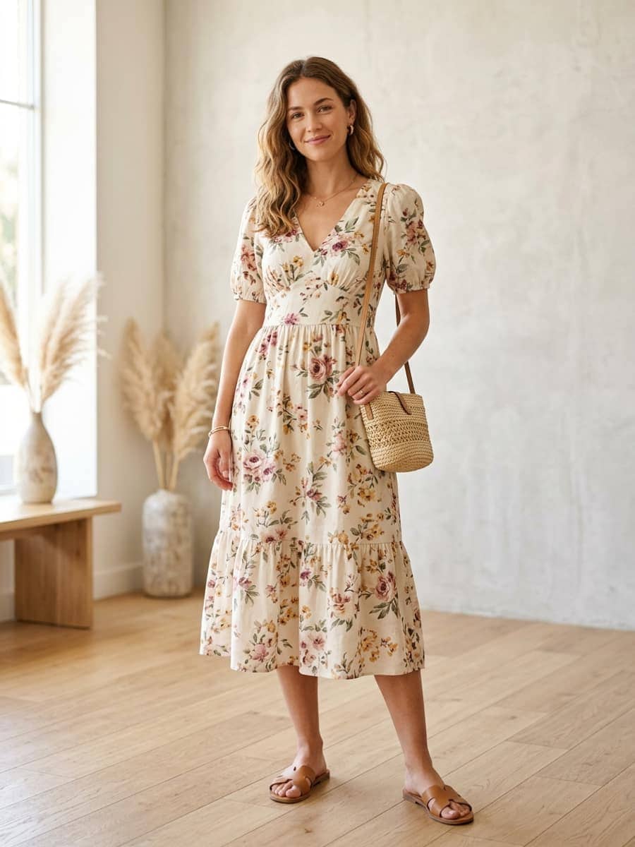 Woman in a floral midi dress with flat sandals and a straw bag