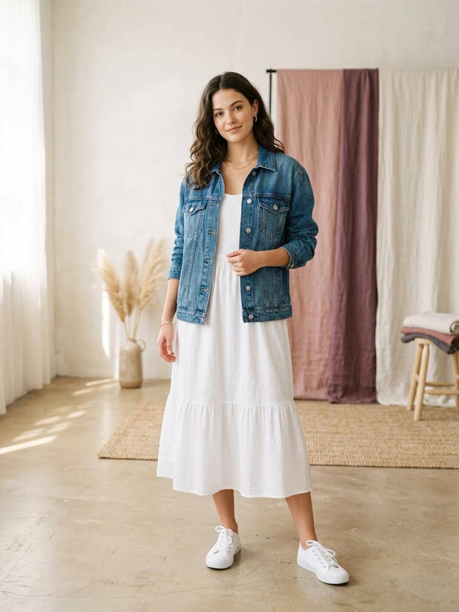 Woman wearing a denim jacket over a white summer dress with white sneakers