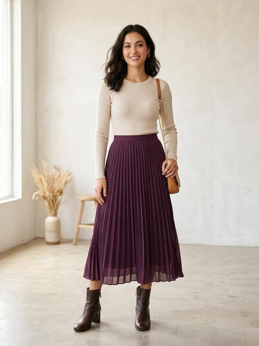 Woman in a neutral knit top tucked into a plum pleated midi skirt with ankle boots