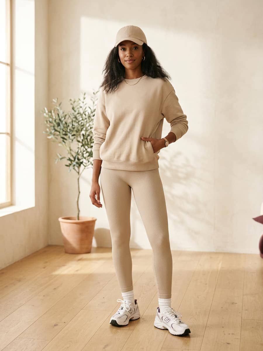 Woman in a beige athleisure set of matching sweatshirt and leggings with trainers and a cap