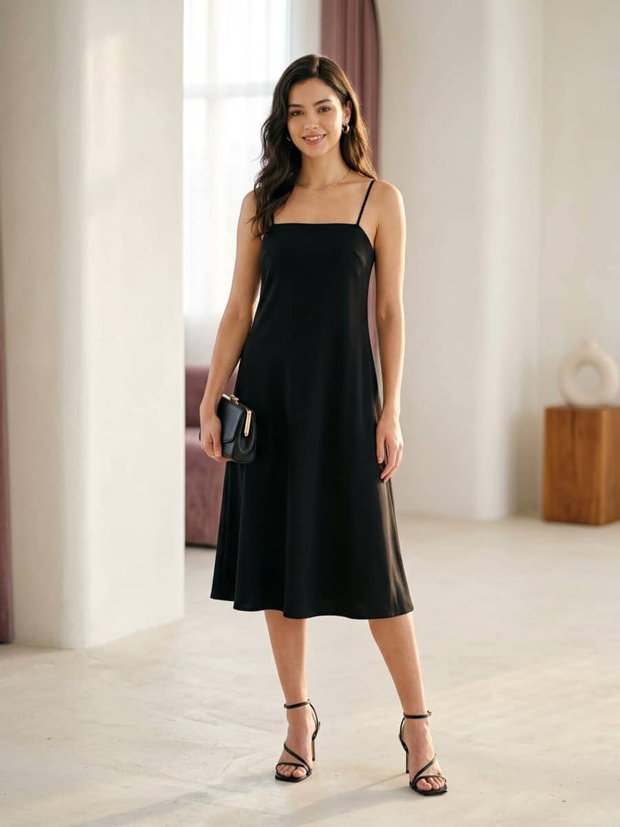 Woman in a little black dress with strappy heels and a small clutch