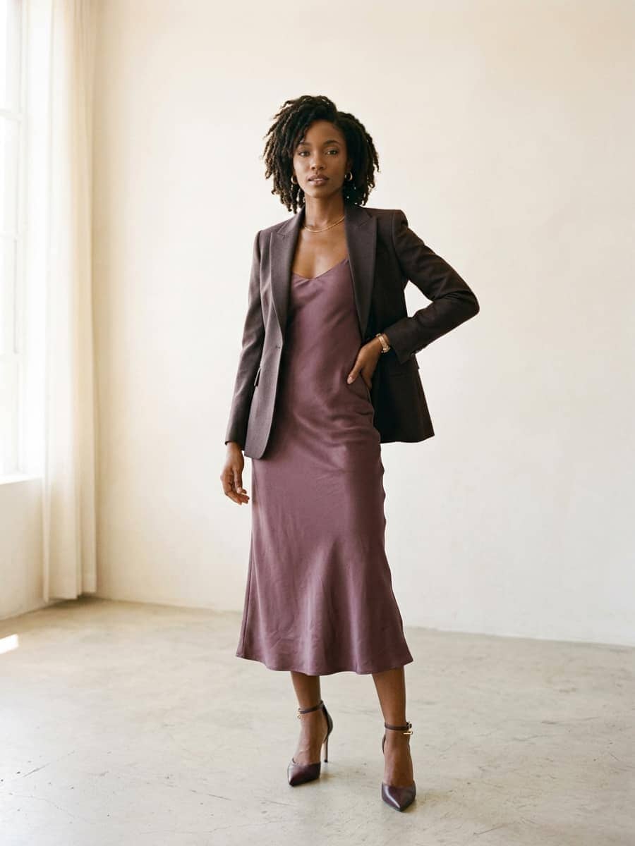 Woman in a dusty-plum satin slip dress layered under a fitted blazer with heels