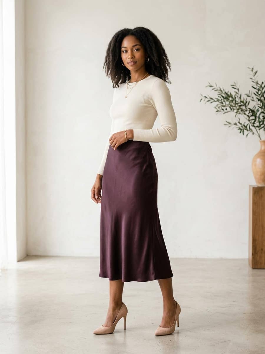 Woman wearing a satin midi skirt with a fitted top and heels