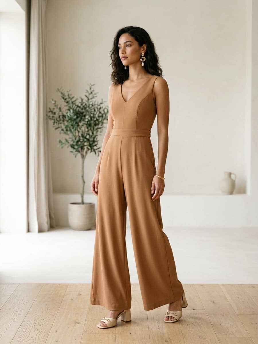 Woman in a wide-leg neutral jumpsuit with statement earrings and heels