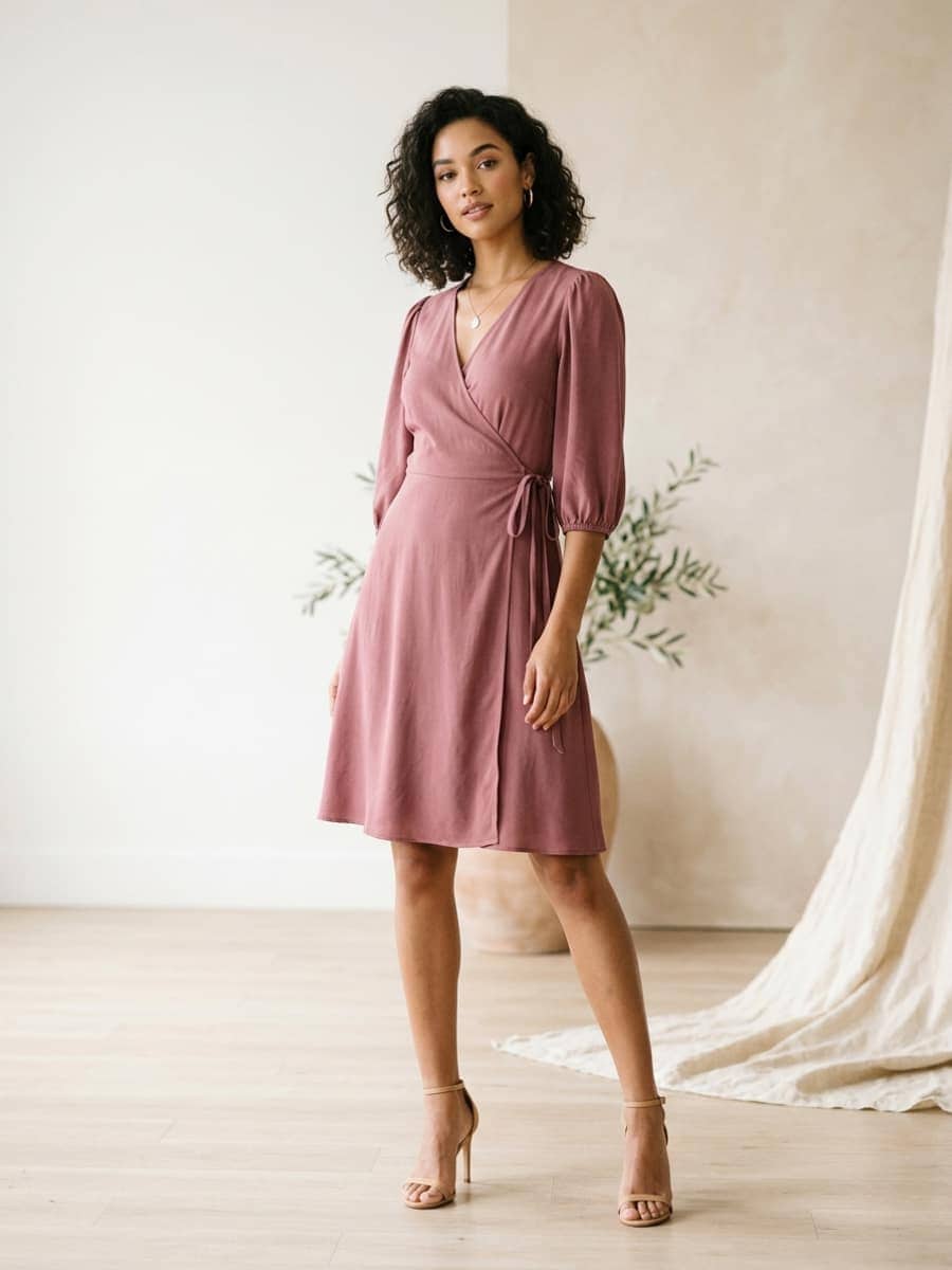 Woman in a soft rose wrap dress with strappy heels