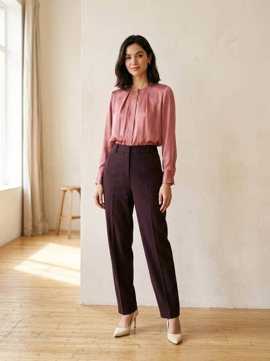 Woman wearing tailored trousers with a silky top and heels