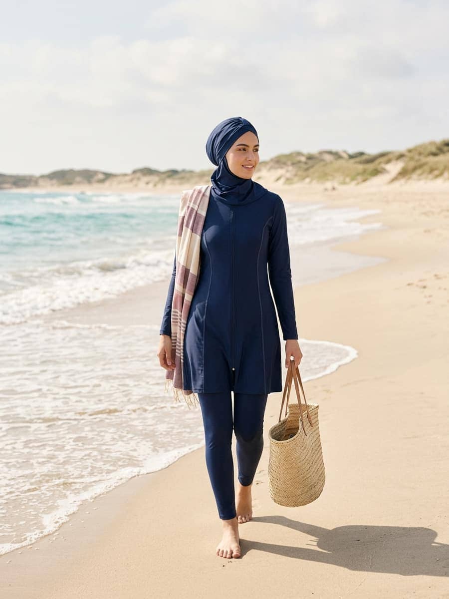 Femme en robe de bain pudique à manches longues bleu marine avec legging de bain et hijab