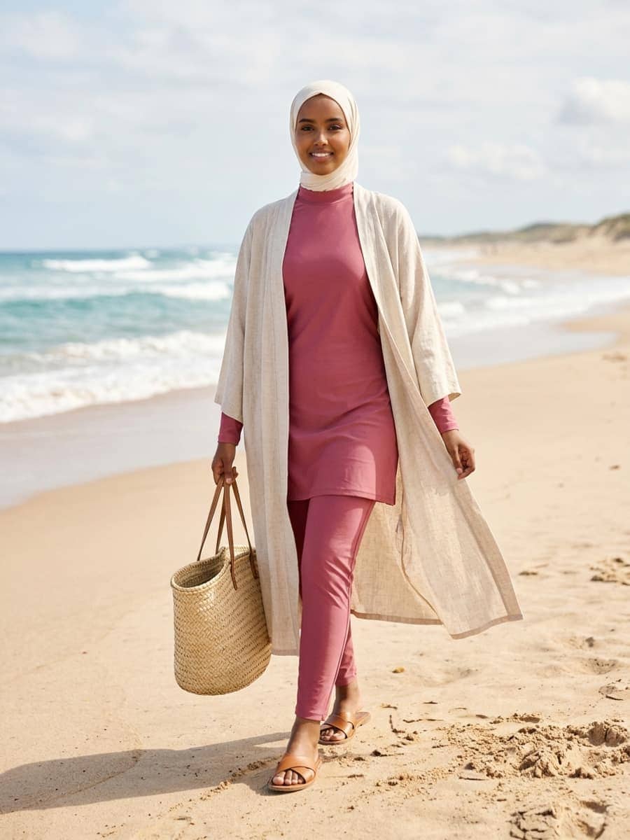 Femme en burkini avec un kimono de plage beige léger, un hijab et des sandales plates