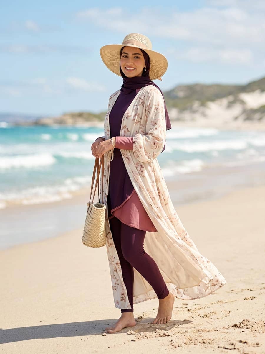 Femme portant un maillot pudique sous une robe de plage longue, avec un chapeau de paille et un hijab