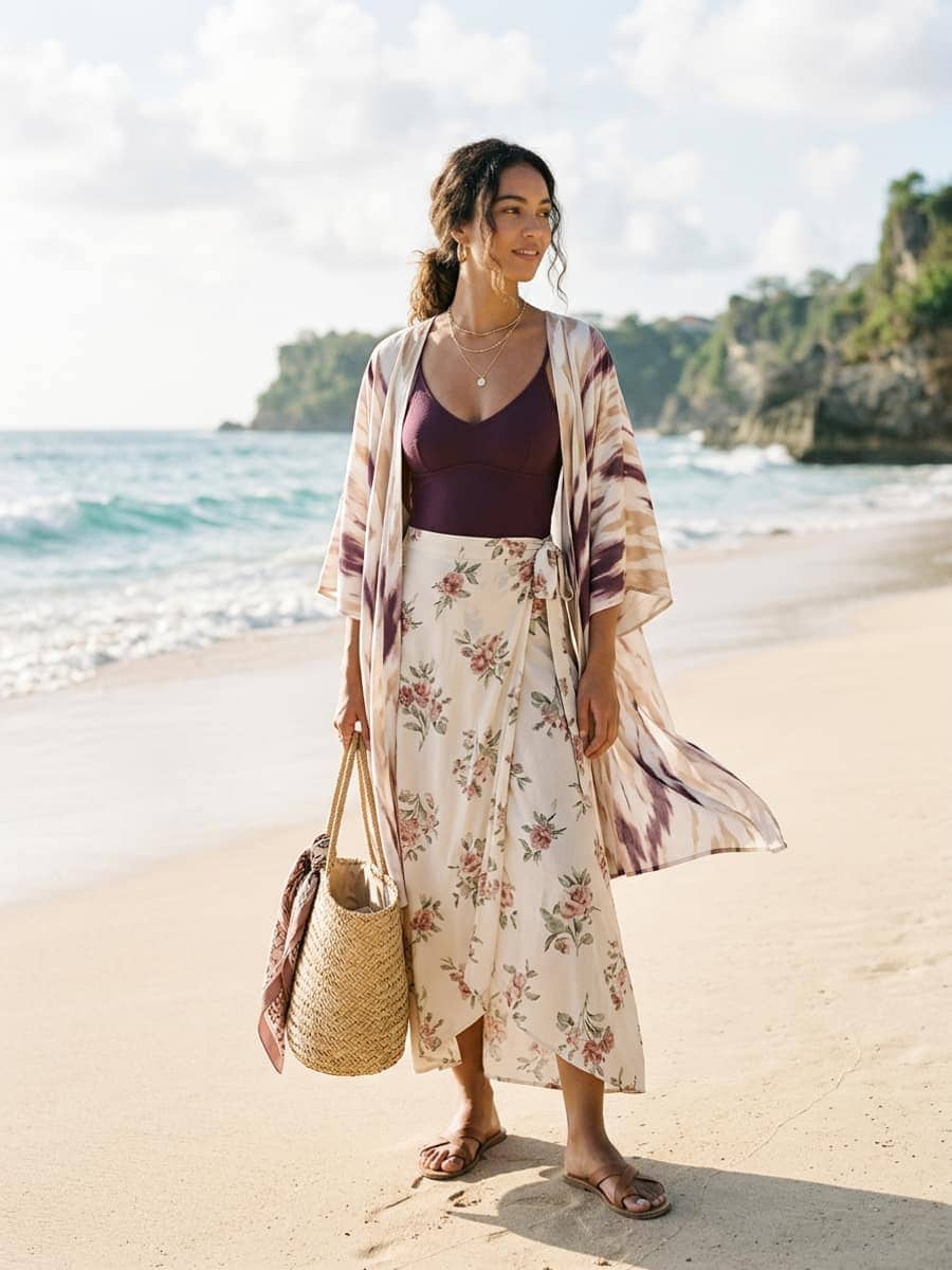 Woman in a one-piece swimsuit with a long flowy beach maxi skirt and a light kimono