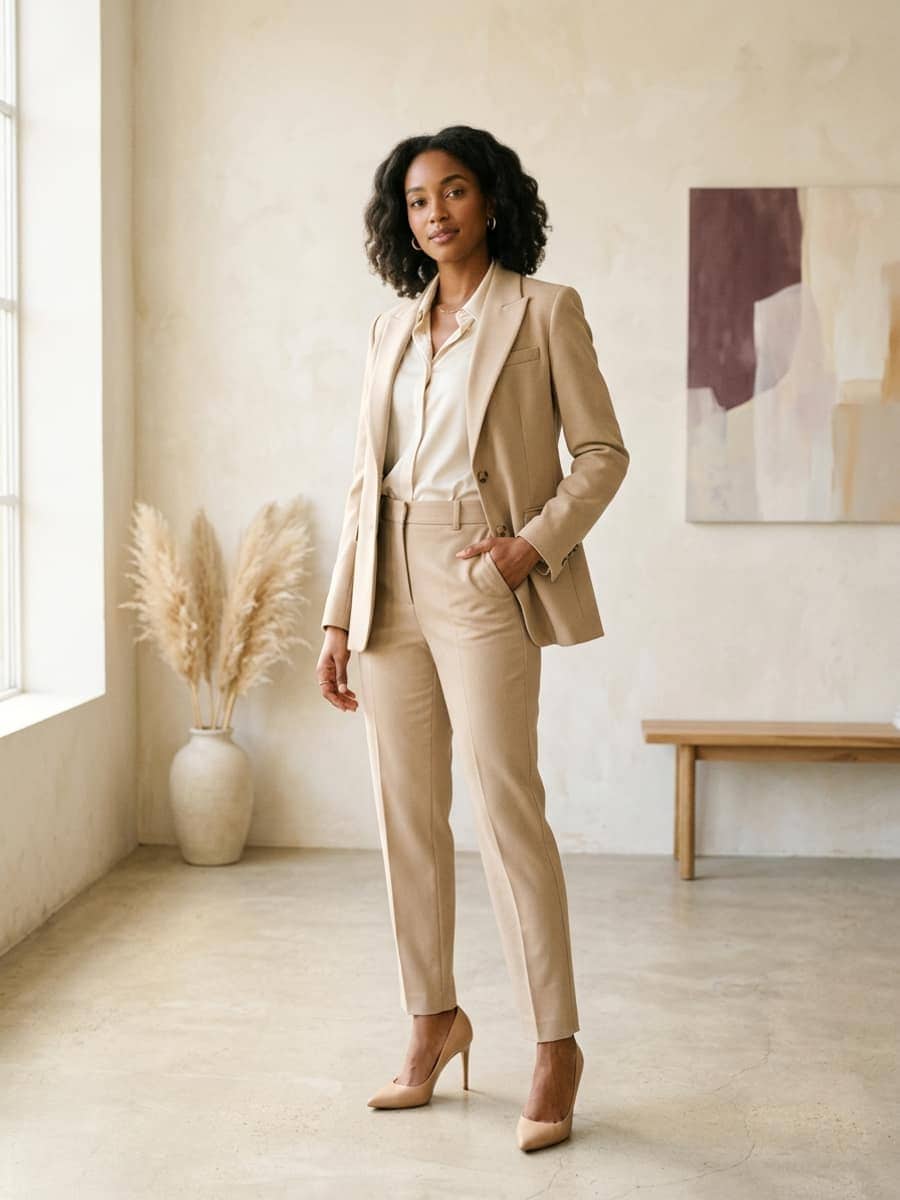 Femme en blazer beige ajusté, pantalon assorti, chemisier crème et escarpins nude formant un tailleur classique