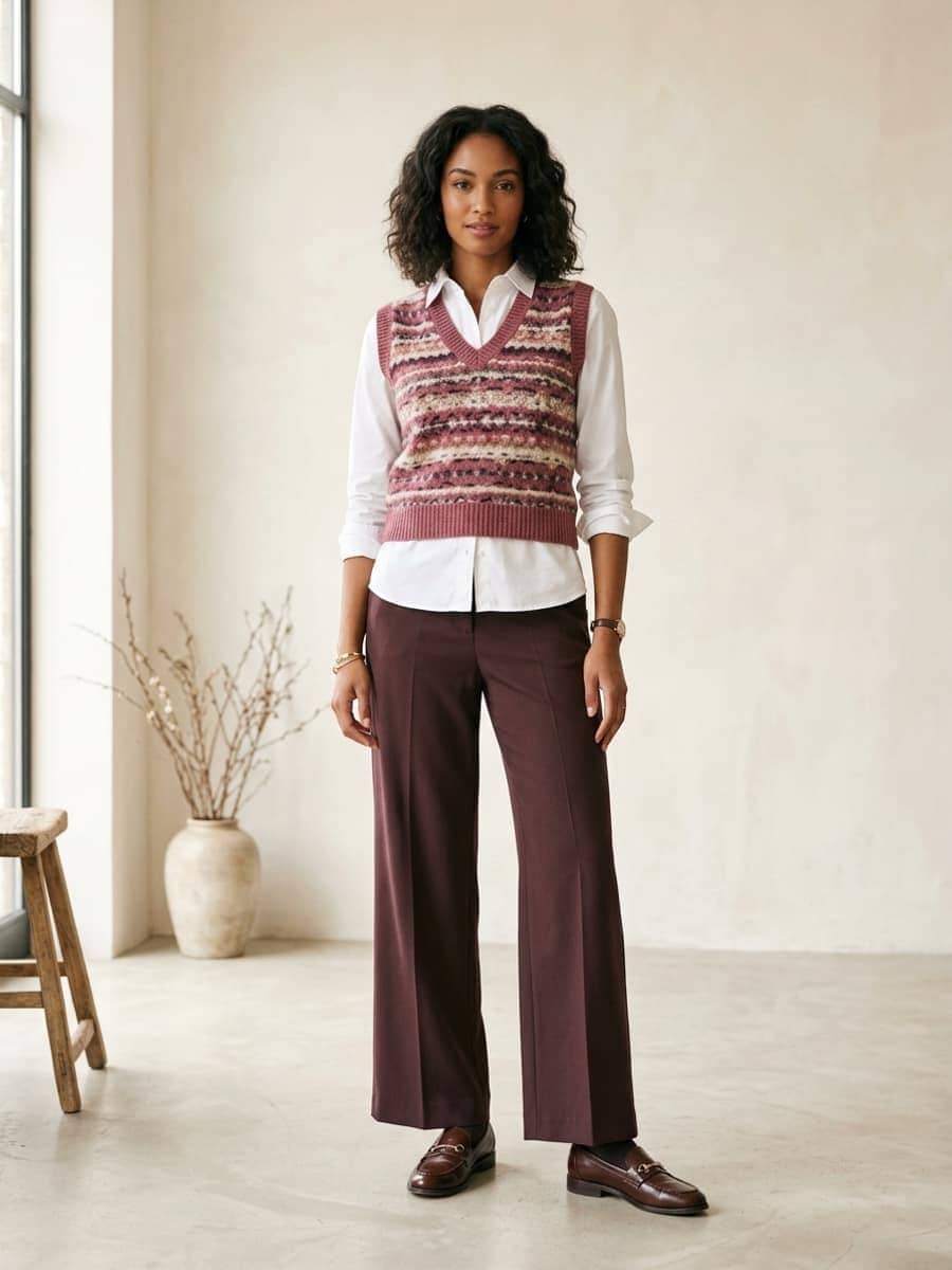 Femme en gilet en maille sur une chemise blanche, pantalon large ajusté et mocassins