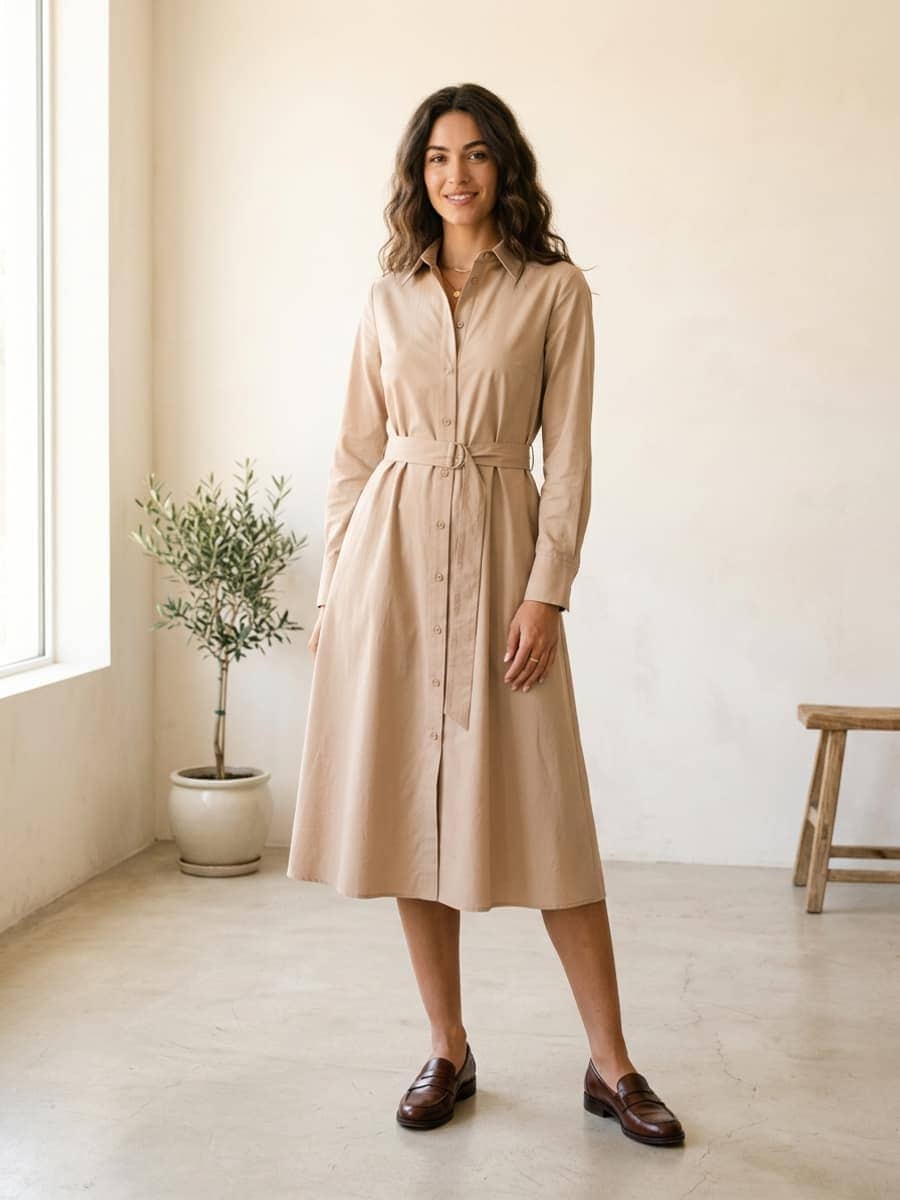 Femme en robe chemise neutre ceinturée à la taille avec des mocassins