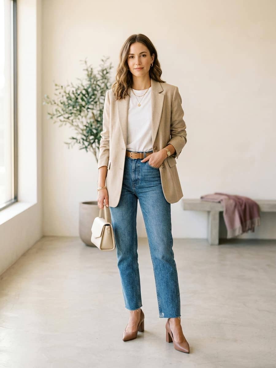 Femme en blazer beige, haut blanc, jean droit et escarpins en style smart casual