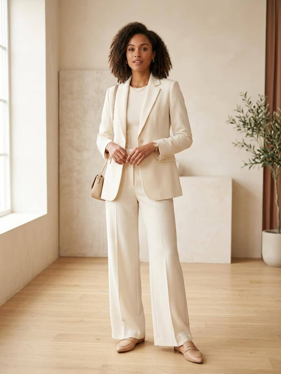 Femme en ensemble co-ord crème monochrome pour un bureau élégant
